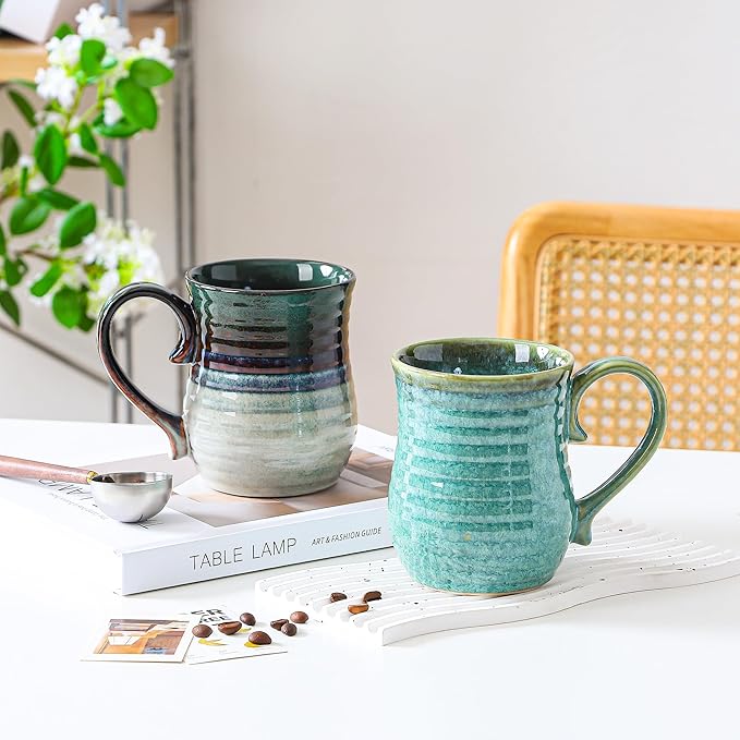21 oz Large Ceramic Coffee Mugs, Handmade Cup with Large Handle, Big Tea and Coffee Cups for Office and Home, Microwave and Dishwasher Safe (Crystal Green)