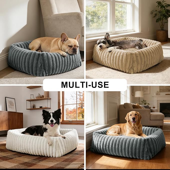 FURTIME Dog Bed Medium Size Dog, Washable Orthopedic Pet Bed with Removable Cover, Rectangle Soft Calming Sleeping Puppy Bed Durable Pet Cuddler with Anti-Slip Bottom, Beige, M Plus (30"x24"x8")