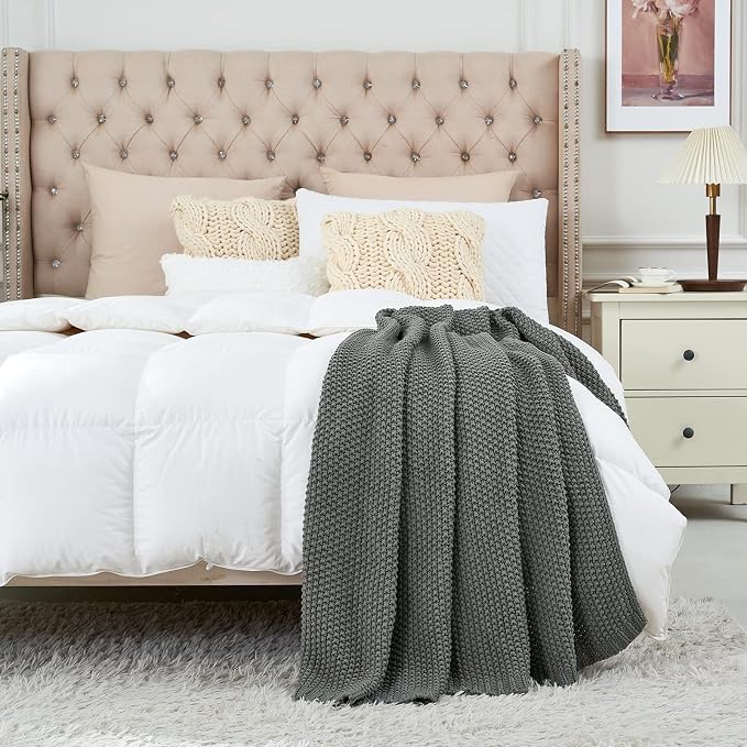 Longhui bedding Chunky Cable Knit Throw Blanket Lightweight Grey 100% Organic Cotton Blanket for Sofa Couch Bed Baby Nursery, Rustic Shabby Chic Modern Farmhouse, Gray 60” x 80” Give Laundering Bag