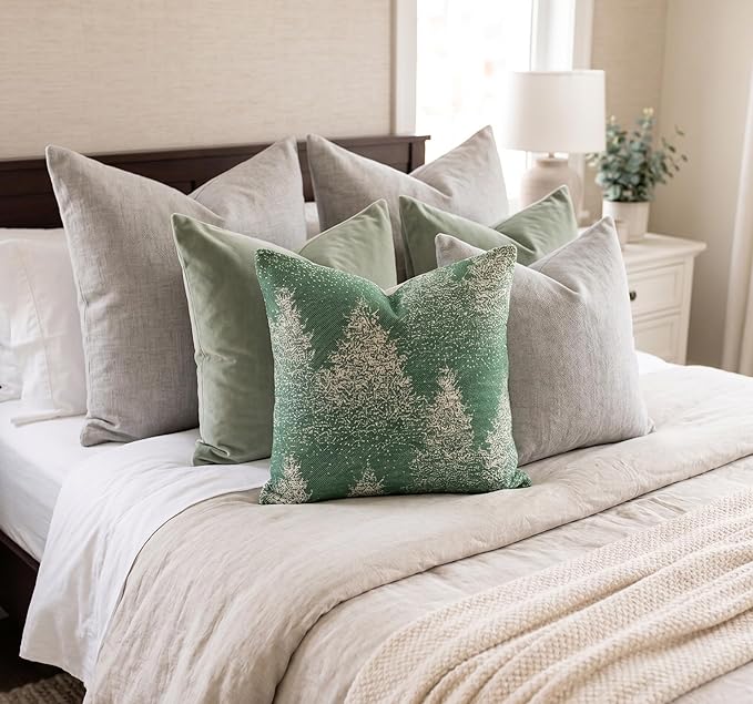 SanVia Cotton Throw Pillow Covers 20x20 – Handwoven Jacquard Texture, Fade-Resistant, No Pilling – Hidden Zipper, Decorative Cushion Cover for Sofa, Couch, Bed – Insert Not Included (Floral, Green)