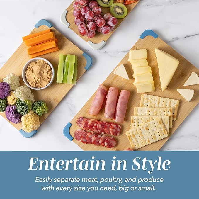 COOK WITH COLOR Non-Slip Cutting Board Set – Kitchen Essentials with Easy Grip Handle for Meat, Veggies, and Fruits, 3 Cutting Boards, Bamboo Non-Slip Light Blue