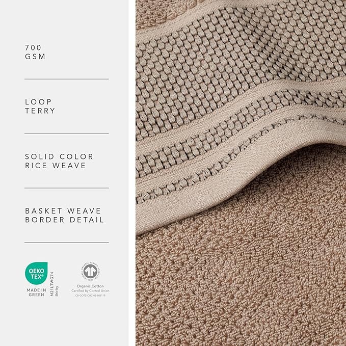 Texere 100% Organic Cotton Rice Weave Jacquard 700 GSM Luxury Bath Towel Sets - Ultra Soft and Absorbent Hotel and Spa Quality (Rice Weave, Oxford Tan, 2 Hand & 2 Face Towels)