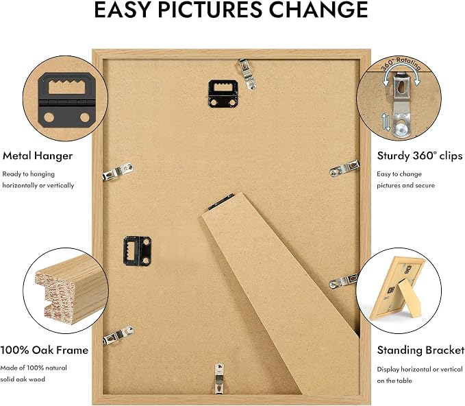 Hongkee 10x13 Oak Wood Picture Frame 1 Pack(Matted 8.5x11) Real Glass Cover | Natural, 10 x 13 Solid Wood Frame for Wall or Tabletop Display - Includes Easel Back, Vertical Hang - Ideal for Home, Office