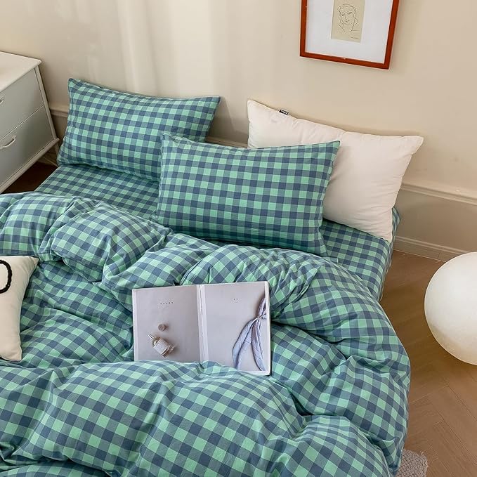 mixinni Green Gingham Grid Duvet Cover King, 100% Washed Cotton Modern Geometric Bedding Set with 2 Pillowcases, Farmhouse Style Blue Plaid Comforter Cover Set for Men & Women, Soft & Lightweight