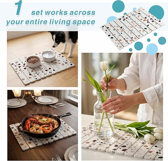 Diatomaceous Earth Stone Dish Drying Mat for Kitchen Counter – Quick Drying Mat Set (1*Large 23"×15.5" & 2*Small 7.5"×4") | Kitchen Drying Mat for Dishes, Cups & Utensils, Sink Mat (Multi-color)