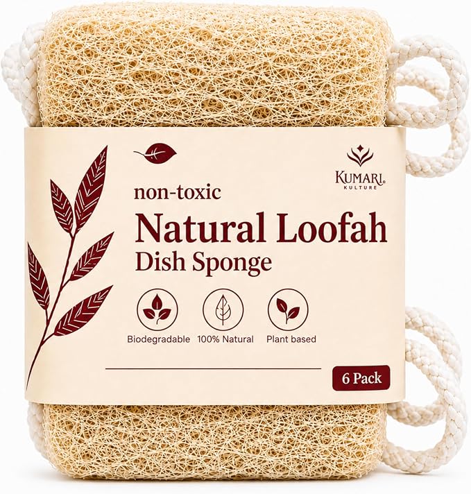 Natural Loofah Dish Sponge (Pack 6) Multipurpose | Dish Vegetable Scrubber for Kitchen, 100% Biodegradable, Compostable, Dishwashing Scouring Pad, Zero Waste
