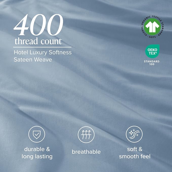 Bare Home 100% Organic Cotton King Sheet Set - 400 Thread Count - Smooth Sateen Weave - Breathable & Cooling - Hotel Luxury Set - Deep Pocket Bed Sheets (King, Dusty Blue)