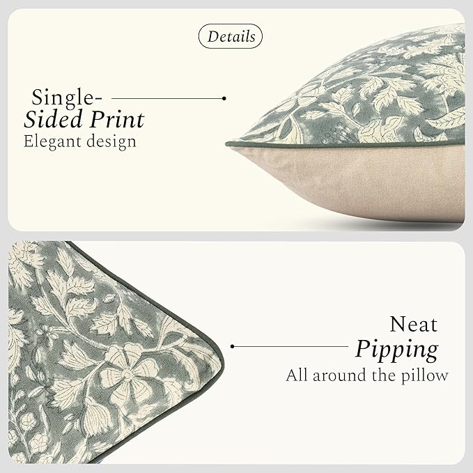 CPC Throw Piping Pillow Covers for Couch, 18x18 Inch Pillows for Living Room, 100% Cotton Boho Cute Outdoor Pillows, Flower Cushion Covers Gift for Spring, Easter - Green Ivy Botanical