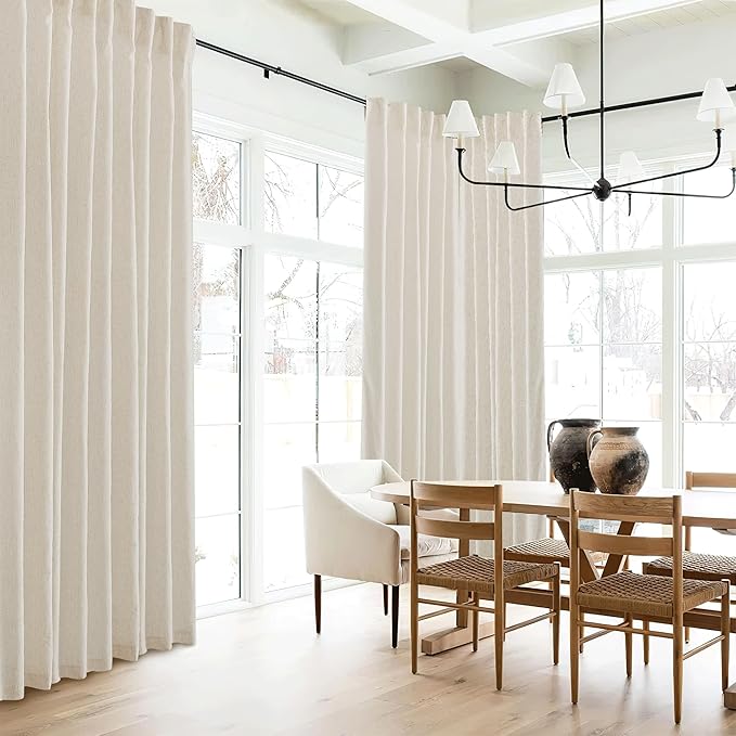 RYB HOME 108 inches Long Farmhouse Boho Curtains, Semi Sheer Thick Linen Light Filtering Floor to Ceiling Curtains for Living Room Glass Door Window, Natural Beige, 2 Panels