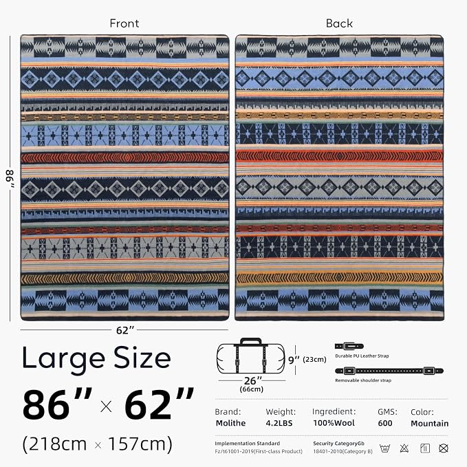 Molithe 100% Wool Blanket, 62" x 86", Warm, Thick, Washable, Military | Great for Camping, Outdoors, Sporting Events, Survival Kits Mountain