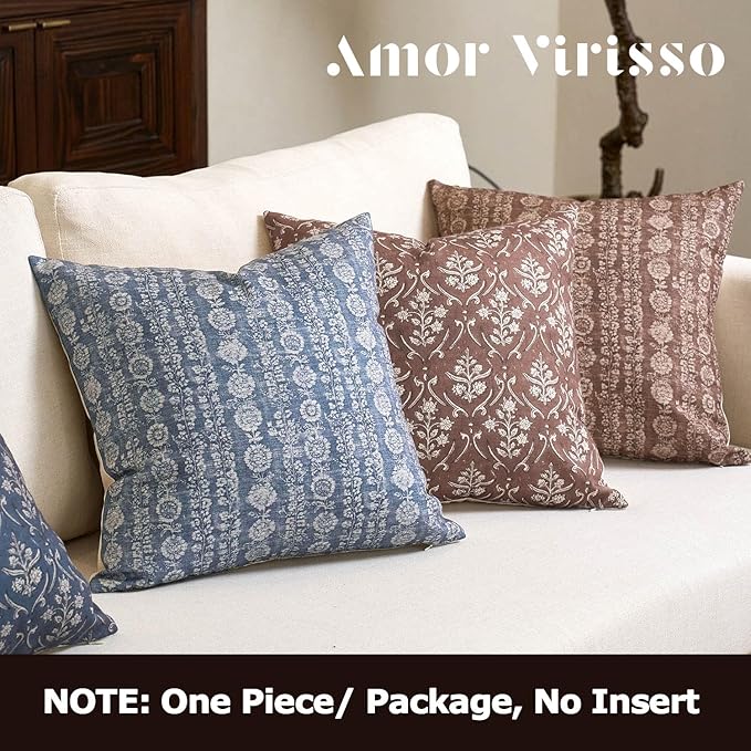 Amor Virisso Vintage Floral Throw Pillow Covers 18x18 Striped Farmhouse Block Print Pillow Cover Boho Neutral Decorative Pillows for Living Room Bed, Dusty Blue