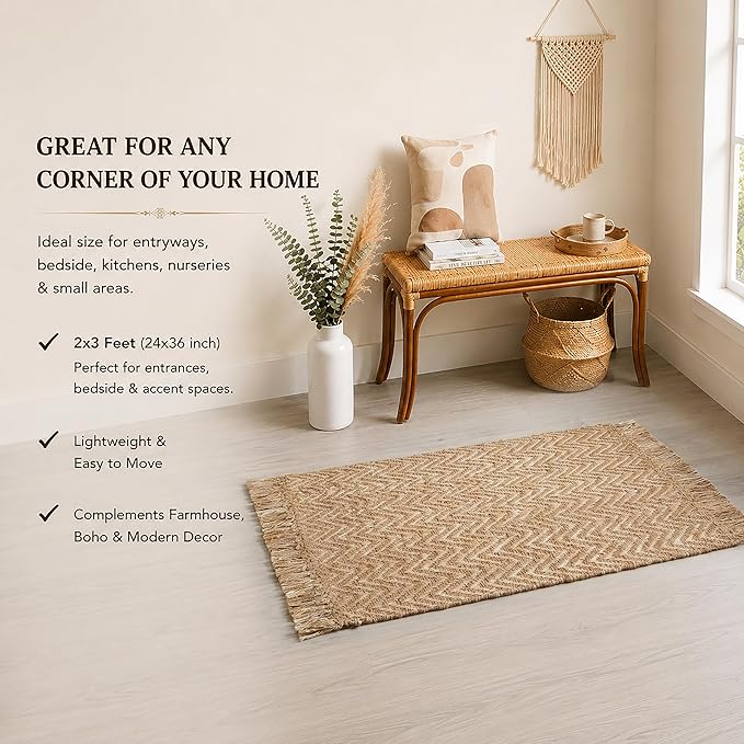 Chevron Weave with Fringes Woven Area Rug 2x3 Ft - Beige, Small Soft Decorative Reversible Front Door Mats Ideal for Entryway, Kitchen, Nursery, Office | Farmhouse Brown Accent Indoor Space Decor Mat