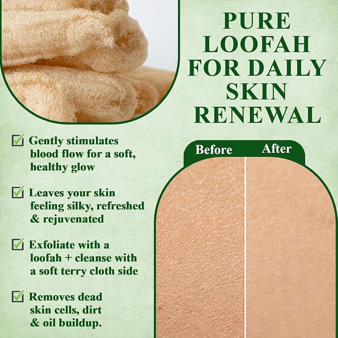 Natural Egyptian Loofah Body Scrubber (Pack of 2) – Dual-Sided Bath Sponge with Terry Cloth, Gentle Exfoliating Shower Loofah for Women & Men, Soft Body Wash Pad for Smooth Skin