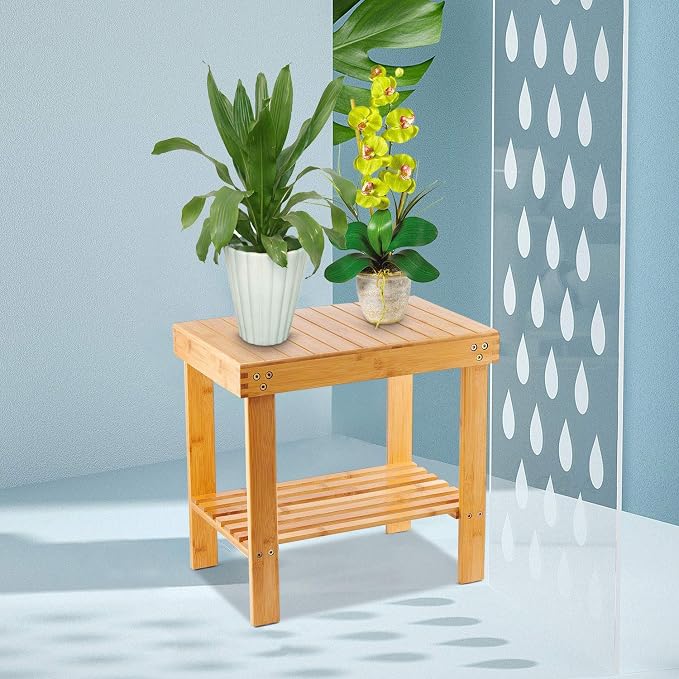 VaeFae Bamboo Shower Bench and Teak Shower Mat Bundle