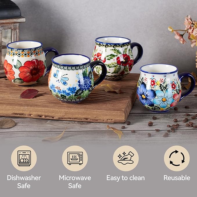 13oz Ceramic Coffee Mug, Hand-Painted Floral Polish Pottery Style Cup, Large Stoneware Tea Mug with Handle, Microwave & Dishwasher Safe (Butterfly and flower B)