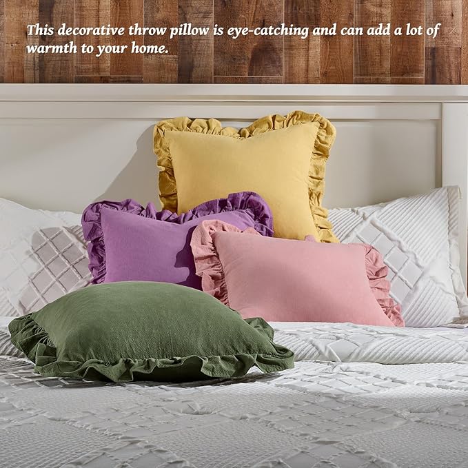 AmHoo Pack of 2 Throw Pillow Covers 100% Cotton Pre Washed Ruffle Decorative Pillowcase Cushion for Couch Sofa Bedroom 24 x 24-Inch Olive Green