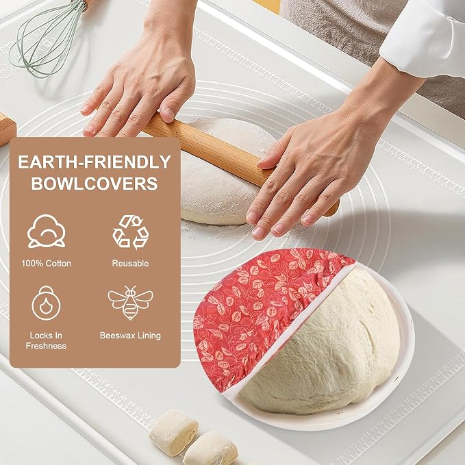 Reusable Bowl Covers for Bread Proofing - Beeswax Bowl Covers Reusable 3 Set, Cotton Blend Stretch Design, Fits 4-13 Inch Bowls, Shower Caps for Sourdough Bread, Dough Proofing & Food Storage（Leaves）