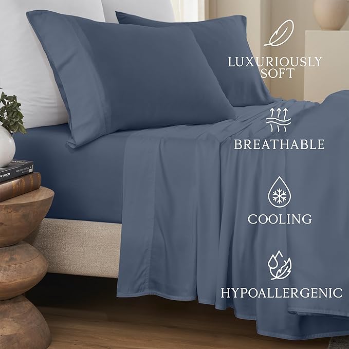 KARISSA MAE Pure Viscose from Bamboo Queen Size Pillowcase Set | 100% FSC Certified | Luxuriously Soft | Cooling | [Slate Blue]