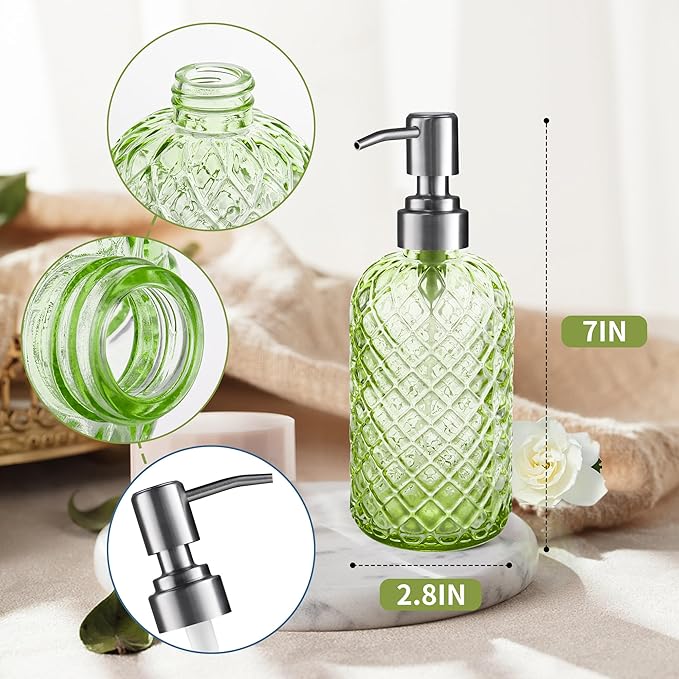 14 Oz Refillable Glass Soap Dispenser with Rust Proof Stainless Steel Pump, for Dispense Hand soap, Body wash, Lotion (Green)