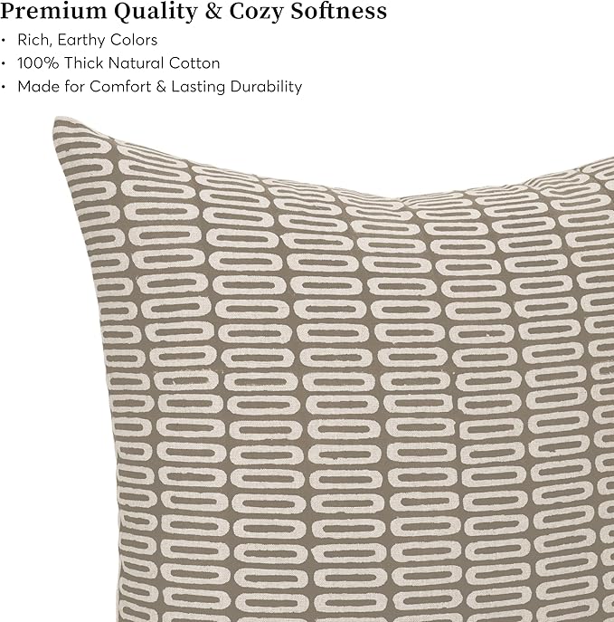 Hand-Block Printed, Artisan-Made Neutral Accent Throw Pillow Covers- 100% Cotton Cushion for Sofa, Bed, Chair, Home Decor, Boho, Indoor - Lana (Greige_3, 20" x 20")