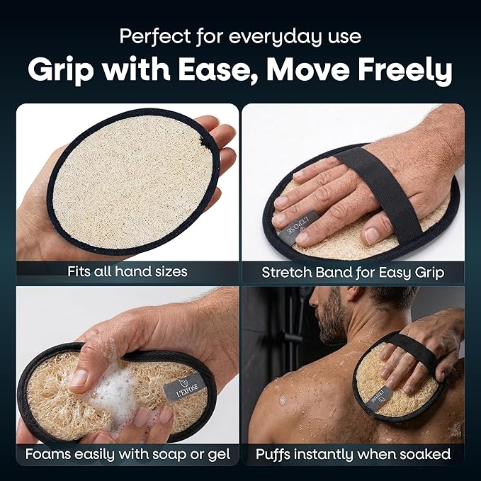 L'Exfose Mens Loofah – Natural Egyptian Fiber Loofah for Men, Exfoliating Mens Scrubber for Shower – Men's Exfoliator Pad Duo – Quick Dry Black Set with Sisal Soap Saver Bag