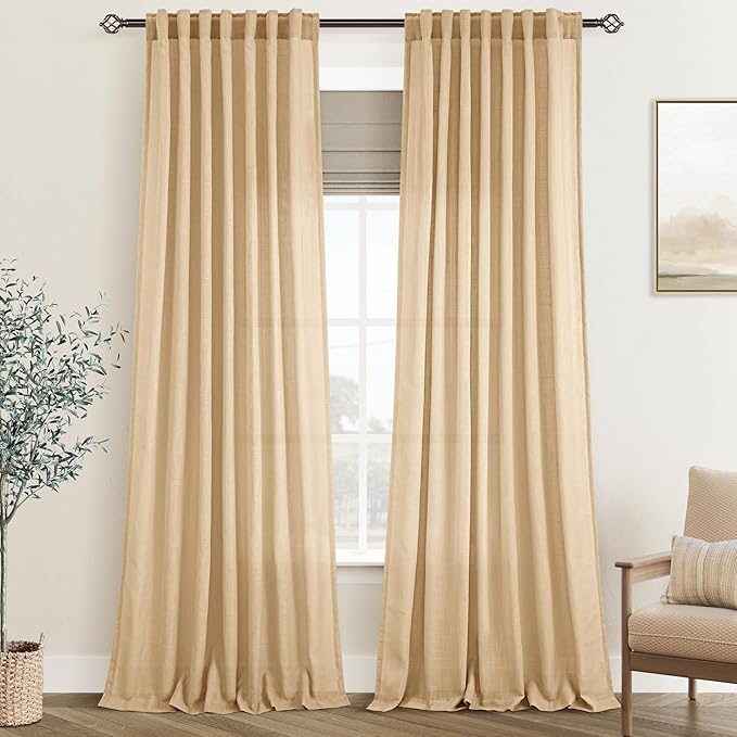 Tan Linen Curtains 102 Inches Long for Living Room Back Tab Rustic Farmhouse Semi Sheer Light Filtering Window Curtain Dining Room Soft Thick Flax Linen Textured Drapes Khaki 52x102