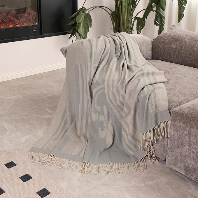 Pure Wool Jacquard Throw Blanket, Large 55x83 inches, 1.5 lbs, Soft Throw Blanket with Grey Leather Bag,Compact & Portable Large Blanket for Travel, Car, Picnic & Camping