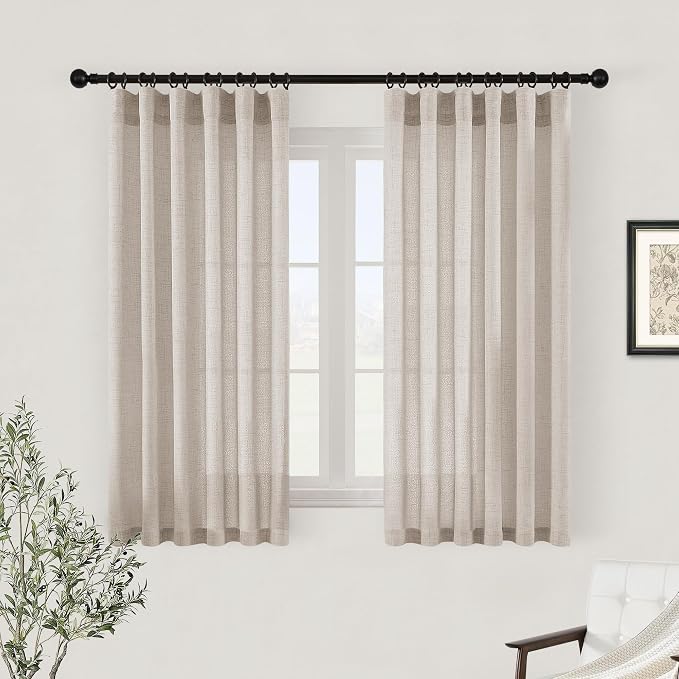 Linen Beige Curtains 45 Inch Length 2 Panels for Cafe Bathroom Kitchen Short Window Boho Semi Sheer Translucent Curtain Drapes 45 Inches Long Light Filtering Privacy Rod Pocket Hook Belt