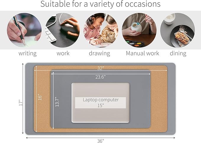 RENMTURE Desk Pad, Cork & PU Leather Desk Mat, Large Mouse pad, Non-Slip Desk Protector and Blotter, Waterproof Writing Pad, Desk Accessories and Organizers for Work(Space Grey, 23.6" x 13.7")