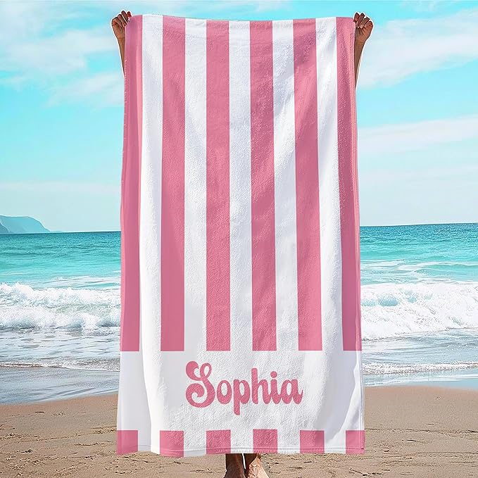 JML Personalized Beach Towel with Name, Custom Cabana Stripe Beach Towel, Customized Microfiber Pool Towel, Quick Dry & Absorbent Swim Towel for Adult,Anniversary, Birthday, Summer Holiday,Vacation