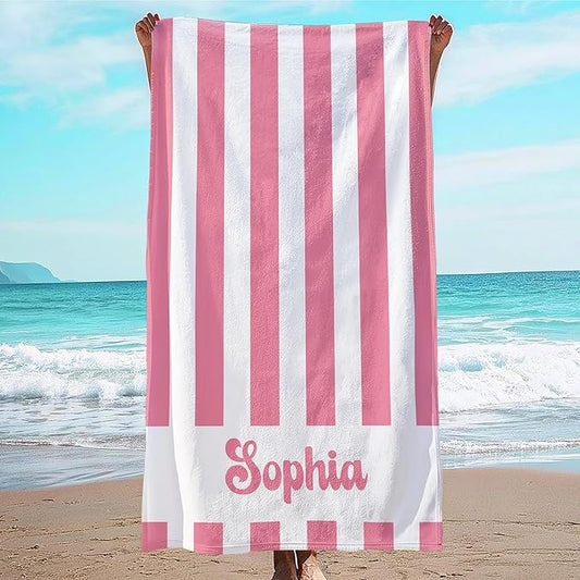 JML Personalized Beach Towel with Name, Custom Cabana Stripe Beach Towel, Customized Microfiber Pool Towel, Quick Dry & Absorbent Swim Towel for Adult,Anniversary, Birthday, Summer Holiday,Vacation