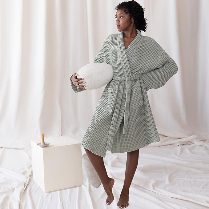 Womens Kimono Waffle Robe - Lightweight 100% Turkish Cotton Housecoat for All-Day Lounging - Bathrobe for Shower