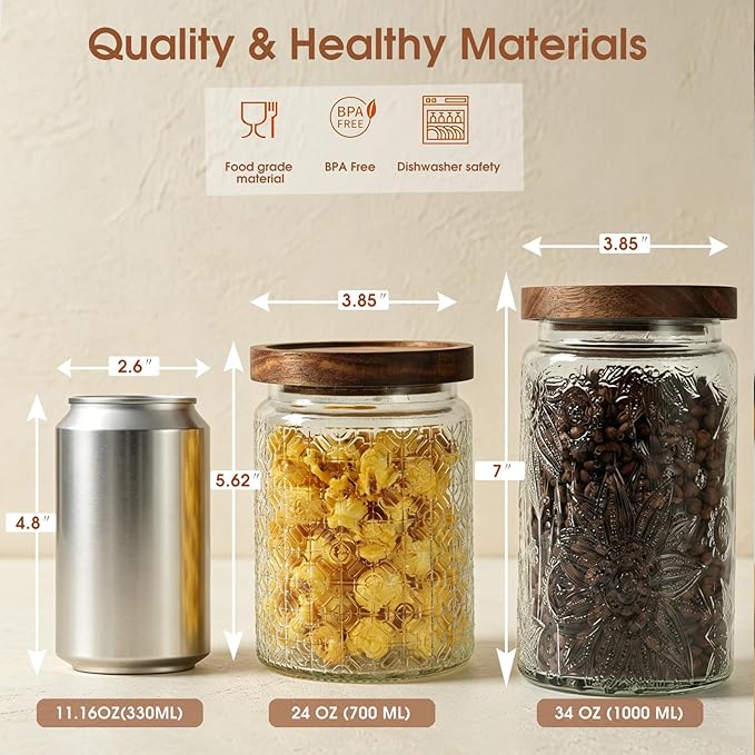 24 OZ Airtight Glass Storage Jar with Bamboo Lid - Vintage Glass Jar Vintage Food Containers Canisters Set for Kitchen Counter & Pantry - Ideal for Sugar, Flour, Coffee, Tea, Candy, Oats, Cereal | 24oz Decorative Container Set with Silicone-Sealed Bamb...