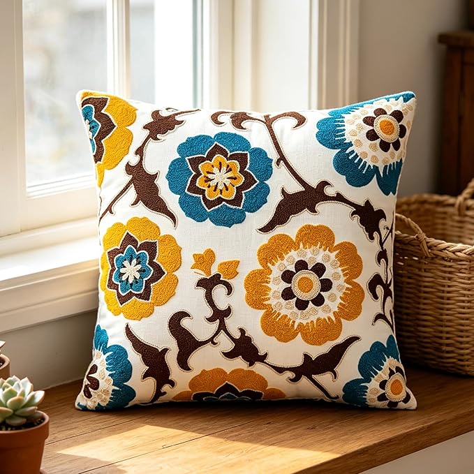 Embroidered Throw Pillow Cover 18x18 Inch,Cotton Canvas Floral Pillow Case, Daisy Wildflower Leaf Boho Farmhouse Decorative Cushion Square for Sofa Bedroom Living Room Outdoor Couch Farmhouse (A002)
