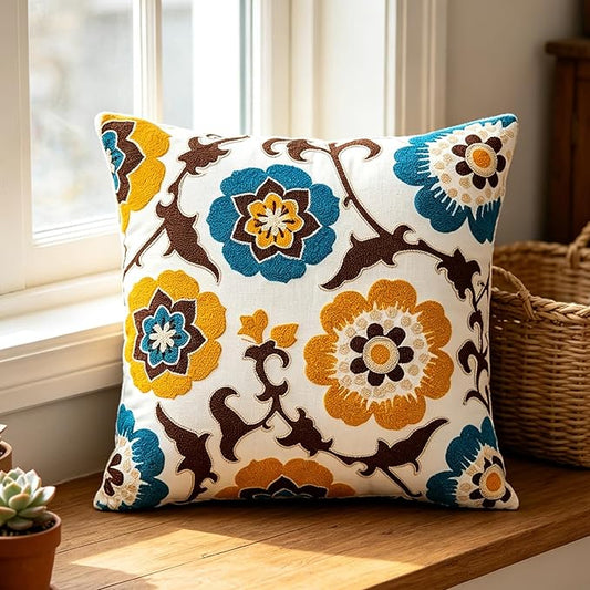 Embroidered Throw Pillow Cover 18x18 Inch,Cotton Canvas Floral Pillow Case, Daisy Wildflower Leaf Boho Farmhouse Decorative Cushion Square for Sofa Bedroom Living Room Outdoor Couch Farmhouse (A002)