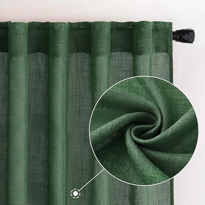 MIULEE Emerald Green Linen Curtains 84 Inch Length for Bedroom Living Room, Soft Thick Linen Textured Window Drapes Semi Sheer Light Filtering Back Tab Rod Pocket Burlap Look Christmas Decor, 2 Panels