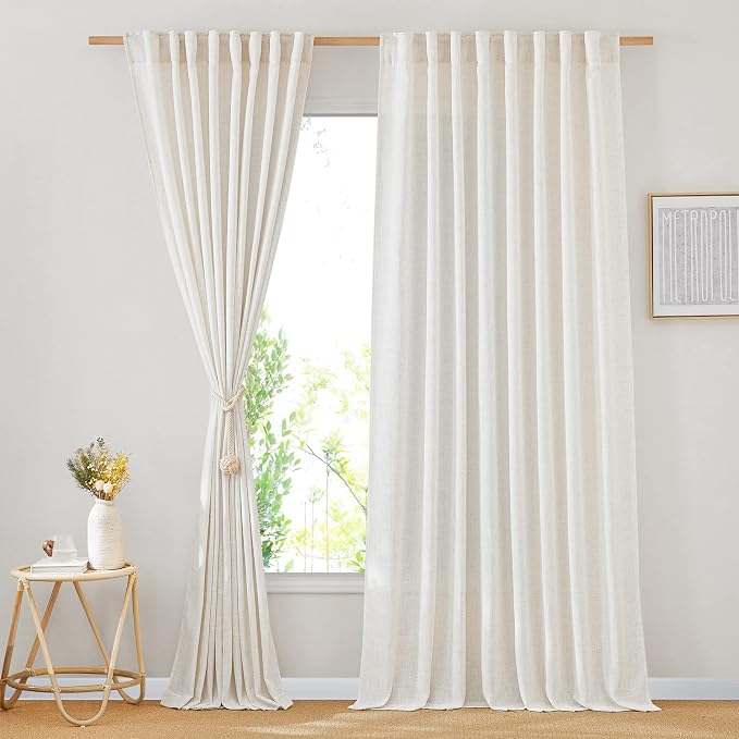 NICETOWN Natural Linen Room Divider Curtains for Bedroom, Rod Pocket & Back Tab Flax Linen Burlap Semi Sheer Window Drapes Privacy with Light Filtering for Patio Door/Bedroom, W66 x L84, 2 Pieces