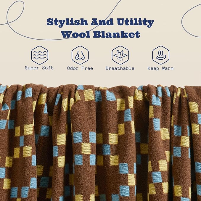 ACUSHLA Merino Wool Blanket - Soft Warm Thick Washable Large Throw Blanket for Camping Bed Couch Outdoor Travel All Weather, Mosaic Plaid Brown 79X63