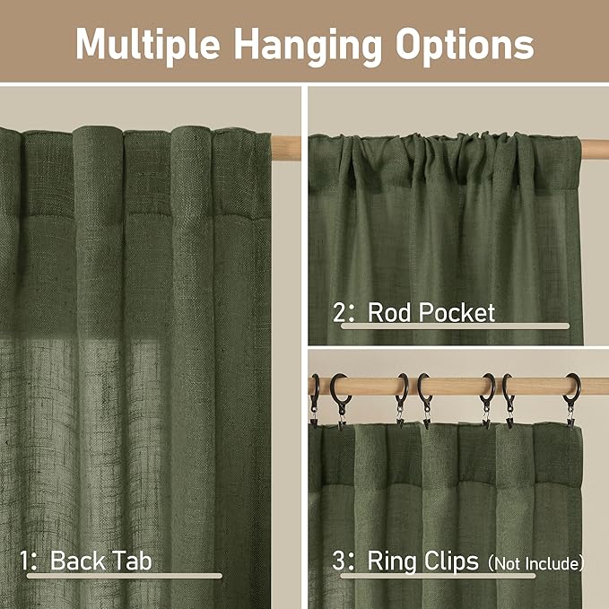 LAMIT Olive Green Linen Curtains for Living Room 84 inch Length 2 Panels, Light Filtering Semi Sheer Drapes Back Tab and Rod Pocket Christmas Panels for Bedroom/Sliding Glass Door, 52 x 84 Inch