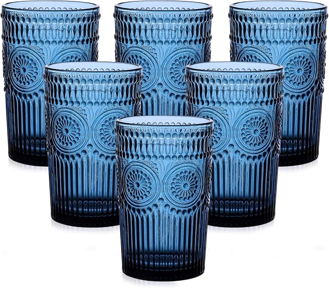 ZMOWIPDL Vintage Glassware Drinking Glasses Set of 6,13 oz Blue Textured Flower Design Glass Water Tumblers，Embossed Striped Drinkware for Water,Cocktails,Juice,Iced Coffee