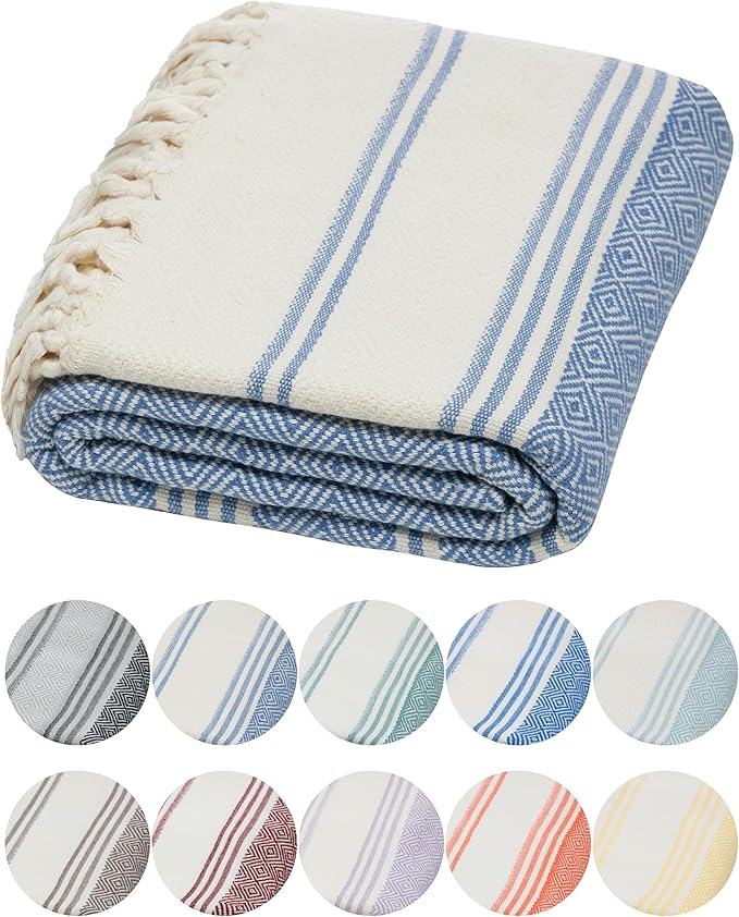 DEMMEX Organic Diamond Turkish Bath & Beach Towel | 100% Oeko-TEX Certified Cotton, Ultra-Soft, Quick-Dry, Lightweight, Compact & Oversized Luxury Peshtemal Towel, Prewashed, 71"x36", Denim Blue