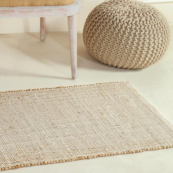 Natural Cotton Jute Rug 2x3 ft - Farmhouse Handwoven Braided Rustic Rug Eco-Friendly Indoor for Doormat, Entryway, Bedroom, Living Room, Kitchen