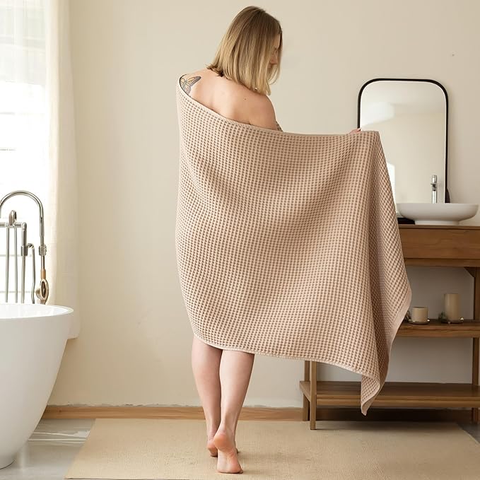 Premium Waffle Bath Sheet Towels Pack of 2 Extra Large 35x71 inch - 100% Turkish Cotton, Waffle Weave, Quick Dry, Lint Free, Light, Thin, Oversized Bath Towel (Brown, Set of 2 Bath Towels)