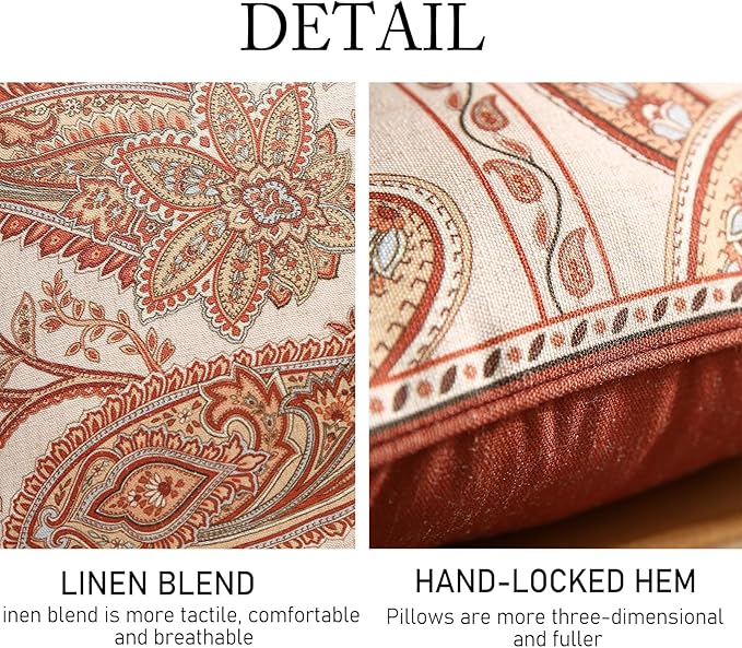 ISAENNE Design Linen Classic Vintage Throw Pillow Covers 18"x18" Pack of 2, Square Cushion Covers with Orange Yellow Paisley Style Pattern Decoration Pillowcases for Bed,Living Room,Outdoor,Car