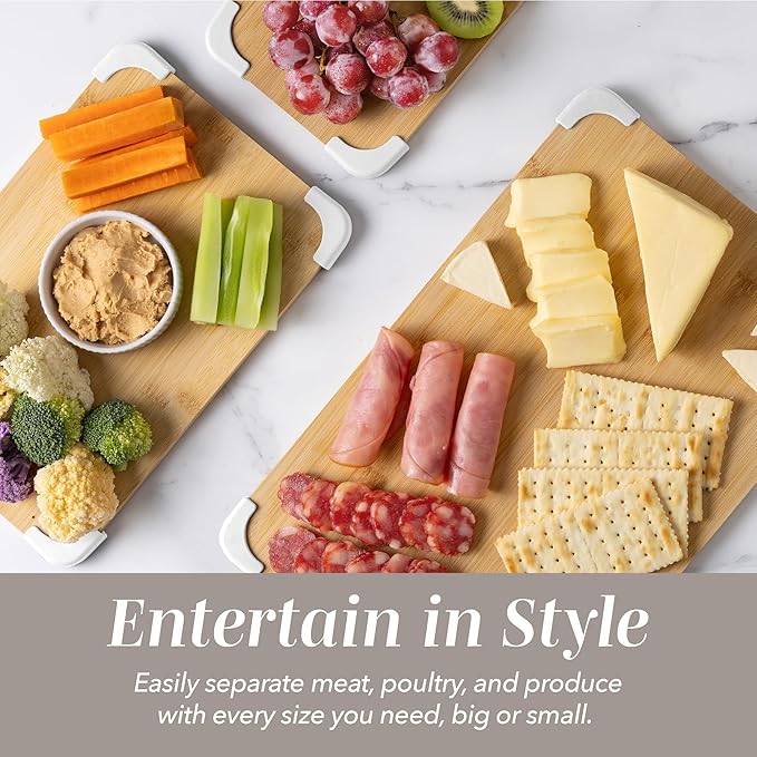 COOK WITH COLOR Non-Slip Cutting Board Set – Kitchen Essentials with Easy Grip Handle for Meat, Veggies, and Fruits, 3 Cutting Boards, Bamboo Non-Slip White