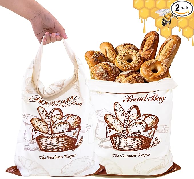2 Pack Beeswax Bread Bags for Homemade Bread Sourdough, 17x13 Inch | Cotton Linen, Zipper Closure, Freezer Safe, Reusable, For Sourdough Homemade Bread