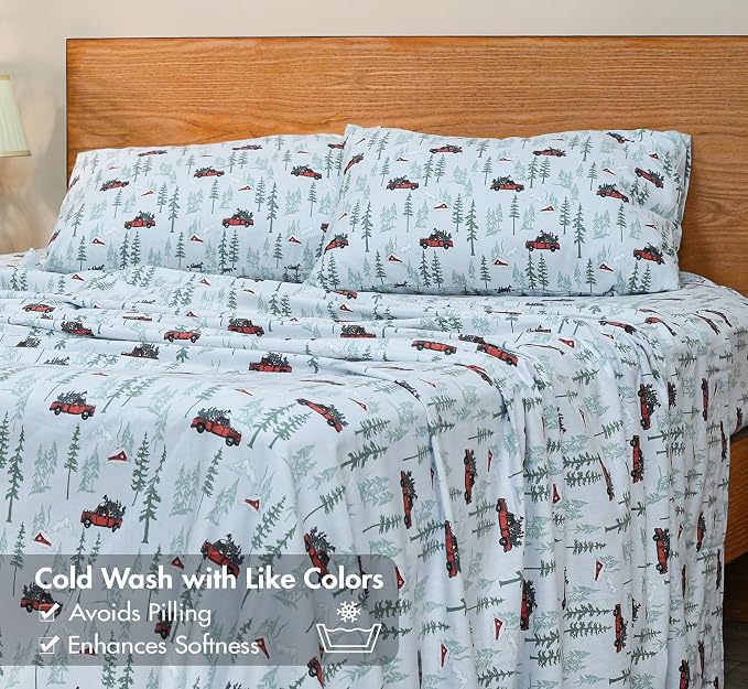 RUVANTI Flannel Sheets Queen Size - GOTS Certified 100% Organic Cotton, 4 Piece Warm, Soft & Breathable Set, Deep Pocket Snug Fit, Double Brushed Cozy All Season Bedding, Merry Miles