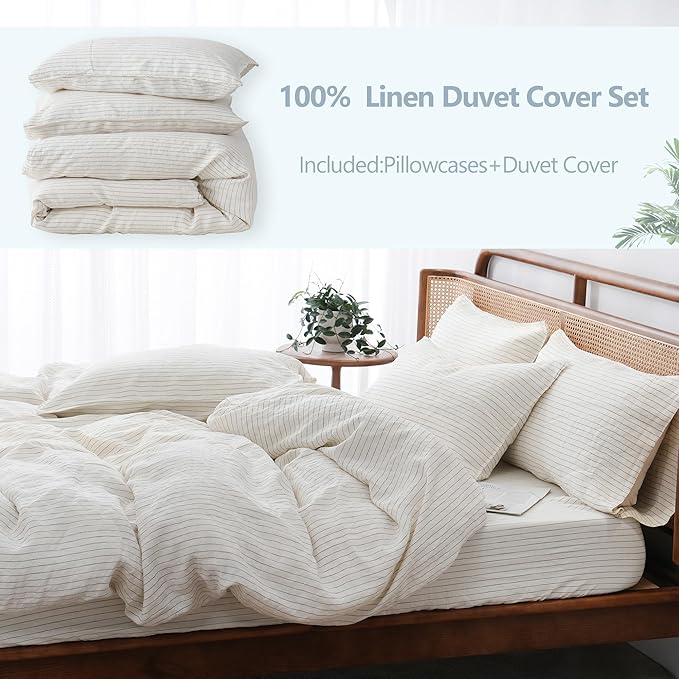 S VICTORY SYMBOL 100% Organic Linen Duvet Cover Set Grey Pinstripe Queen Size,Yarn Dyed French Natural Flax Bedding Set,3pcs Farmhouse Comforter Cover Set