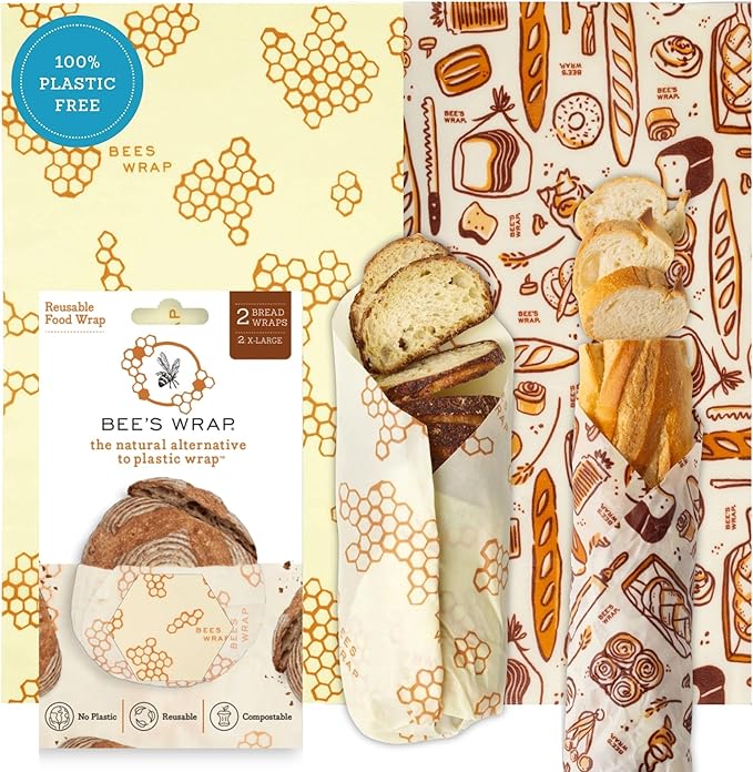 Bee's Wrap Beeswax Wraps for Bread - 2 Pack Beeswax Bread Wrap for Sourdough & Bread Storage - Plastic Free Made in USA Reusable Natural Food Wrap - Bakery Lane & Honeycomb