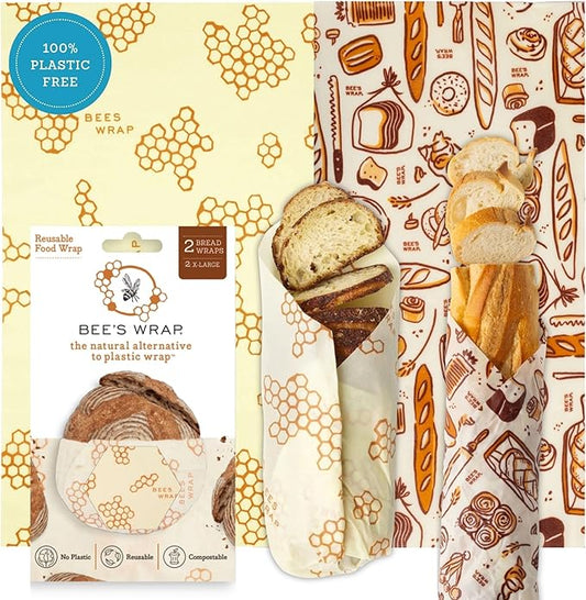 Bee's Wrap Beeswax Wraps for Bread - 2 Pack Beeswax Bread Wrap for Sourdough & Bread Storage - Plastic Free Made in USA Reusable Natural Food Wrap - Bakery Lane & Honeycomb